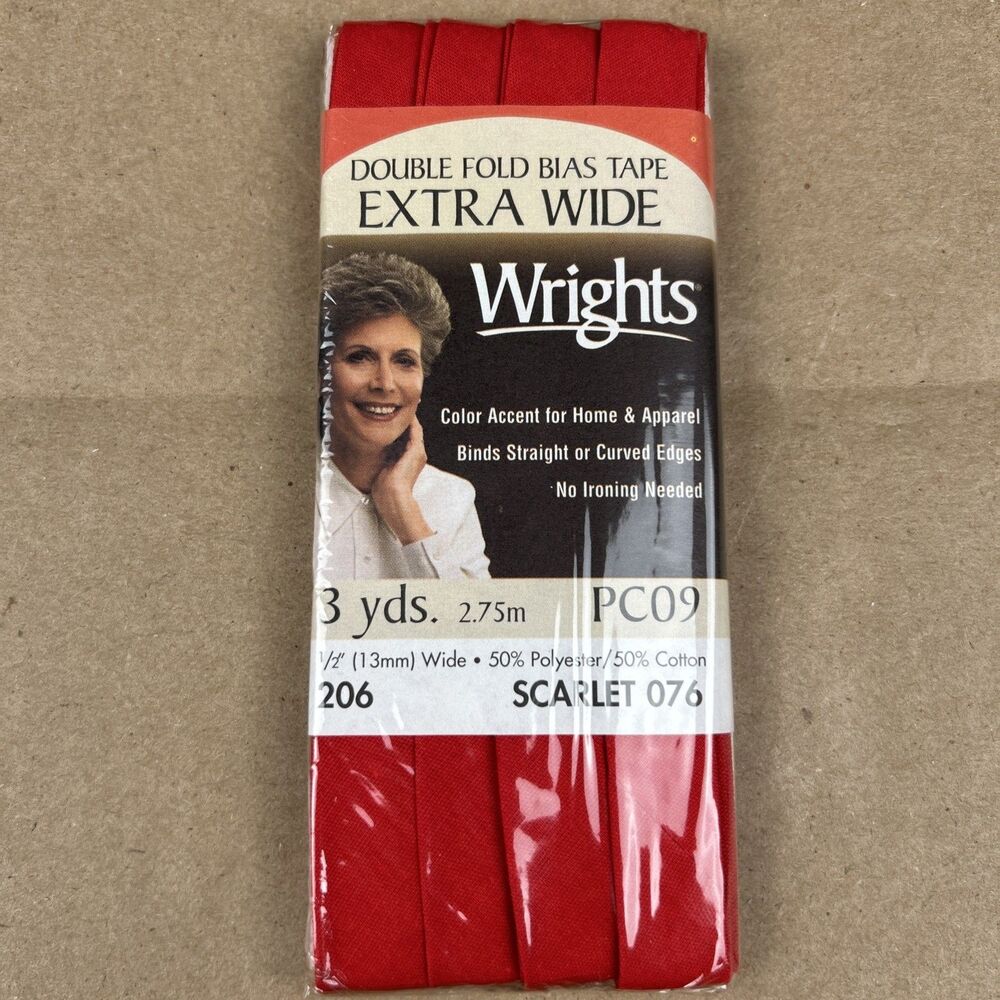 Wrights Extra Wide Double Fold Bias Tape PC206 Polyester/Cotton Scarlet 3-Yard